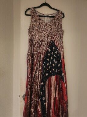 250 Anniversary Patriotic American Flag Print Maxi Dress Red, White & Blue NWOT
